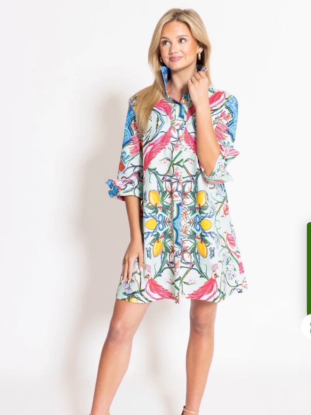 Floral & Lemon Print Mini Dress in Pink, Yellow & Blue